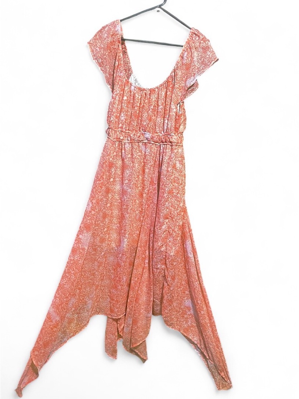 Dizzy Lizzy Coral Orange Paisley Handkerchief Hem Cottagecore Boho Midi Dress XL - Picture 15 of 16